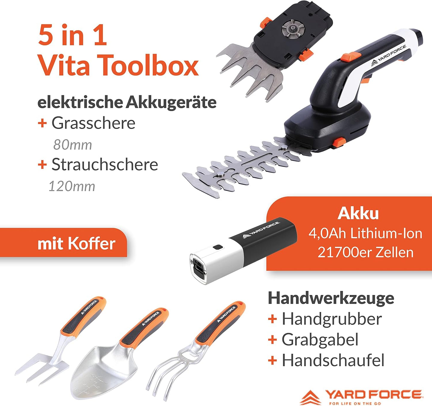 Yard Force VITA Garden Tool Set 6 Pieces Including Case, Electric Grass Shears with 4Ah Battery and Charger, High-Quality Garden Tools for Small Gardens and Balconies