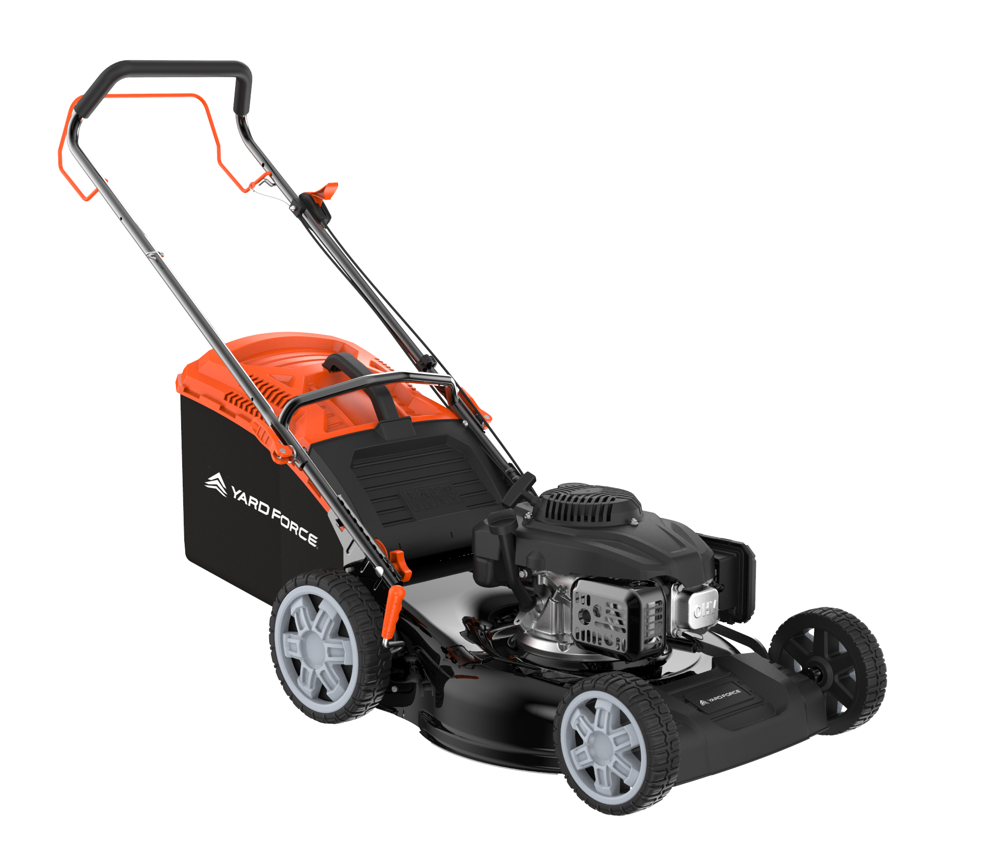 Yardforce Cordless 51cm Petrol Lawn Mower (Self-propelled), LONCINE engine 196cc, 3.2kW, With Soft grip on handle, and integrated washing adaptor, Mulching function, round blades disk