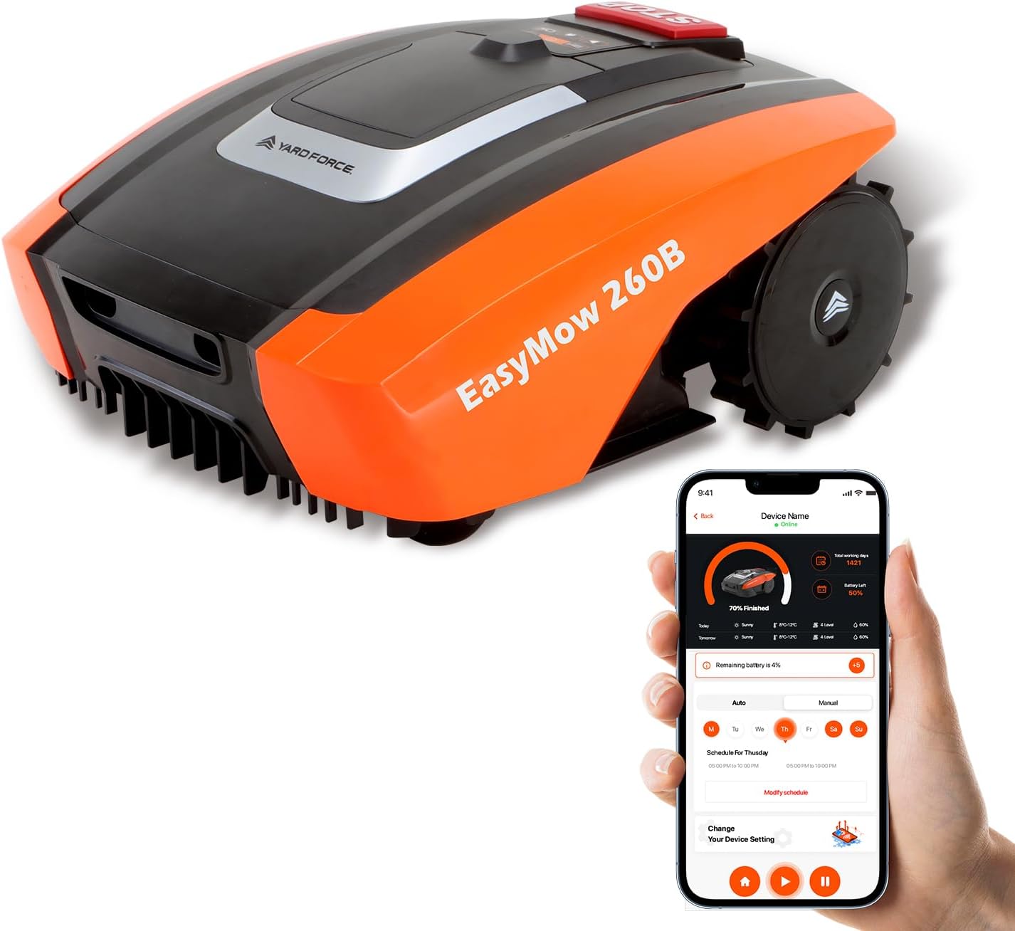 YARD FORCE EasyMow 260B Robotic Lawnmower up to 260 m² - Self-Propelled Robotic Lawnmower, Easy Operation, Bluetooth and App Control, 30% Incline and 20 V/2.0 Ah Lithium-Ion Battery