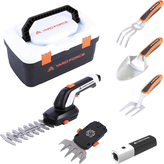 Yard Force VITA Garden Tool Set 6 Pieces Including Case, Electric Grass Shears with 4Ah Battery and Charger, High-Quality Garden Tools for Small Gardens and Balconies