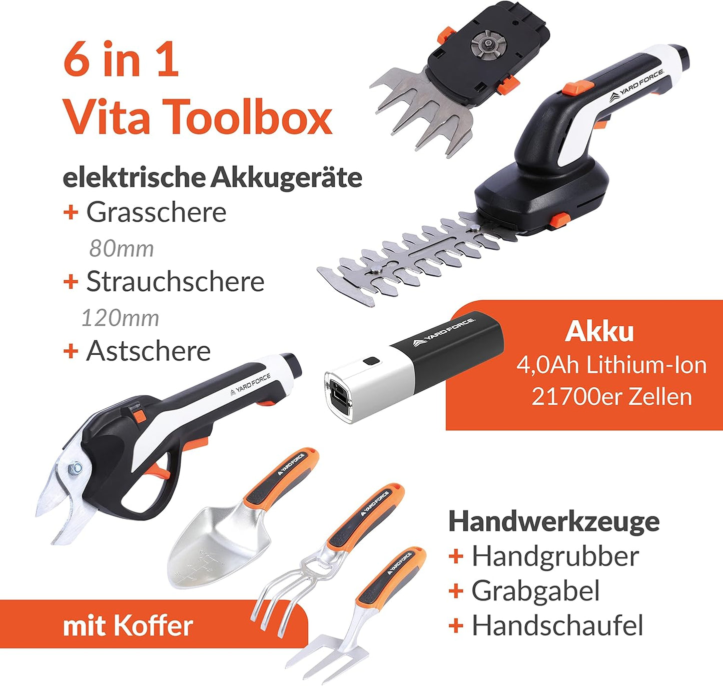 Yard Force VITA Innovative Garden Tool Set Including 4V/4Ah Battery | 6-in-1 Tool Box | Electric Garden Shears | Electric Grass and Shrub Shears | Hand Shovel | Hand Cultivator | Hand Digging Fork