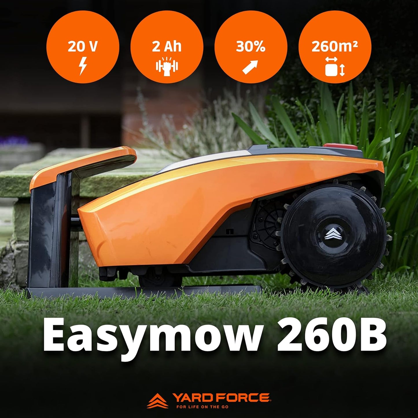 YARD FORCE EasyMow 260B Robotic Lawnmower up to 260 m² - Self-Propelled Robotic Lawnmower, Easy Operation, Bluetooth and App Control, 30% Incline and 20 V/2.0 Ah Lithium-Ion Battery