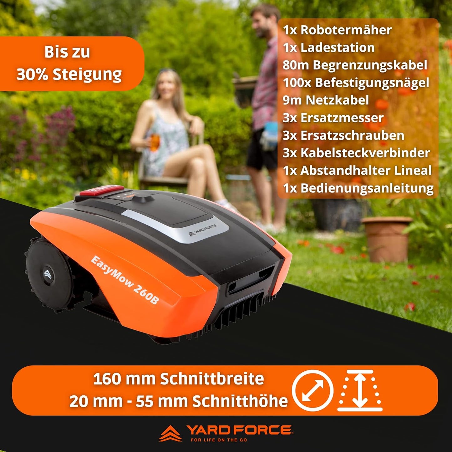 YARD FORCE EasyMow 260B Robotic Lawnmower up to 260 m² - Self-Propelled Robotic Lawnmower, Easy Operation, Bluetooth and App Control, 30% Incline and 20 V/2.0 Ah Lithium-Ion Battery