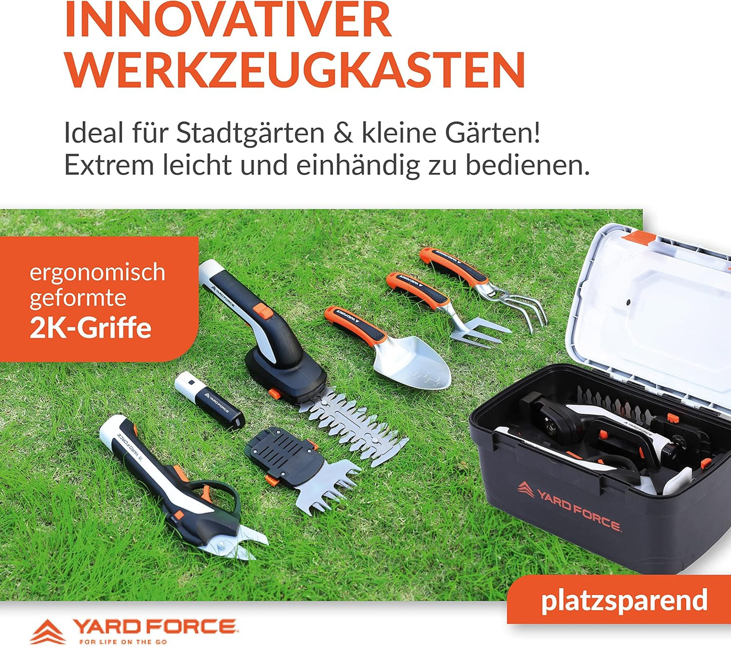 Yard Force VITA Innovative Garden Tool Set Including 4V/4Ah Battery | 6-in-1 Tool Box | Electric Garden Shears | Electric Grass and Shrub Shears | Hand Shovel | Hand Cultivator | Hand Digging Fork