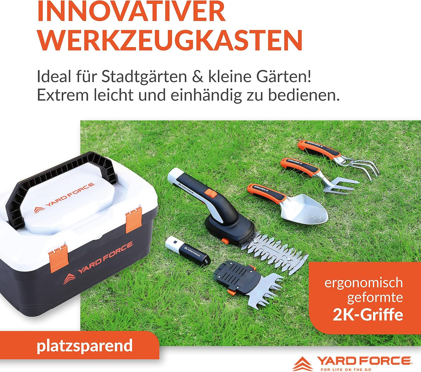 Yard Force VITA Garden Tool Set 6 Pieces Including Case, Electric Grass Shears with 4Ah Battery and Charger, High-Quality Garden Tools for Small Gardens and Balconies