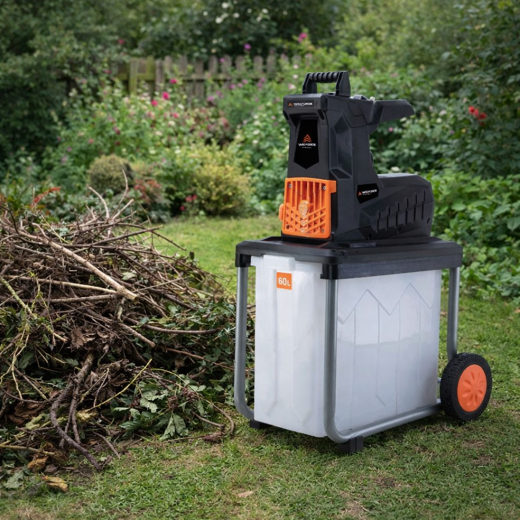 Gardening tool with a large container on wheels in a garden setting