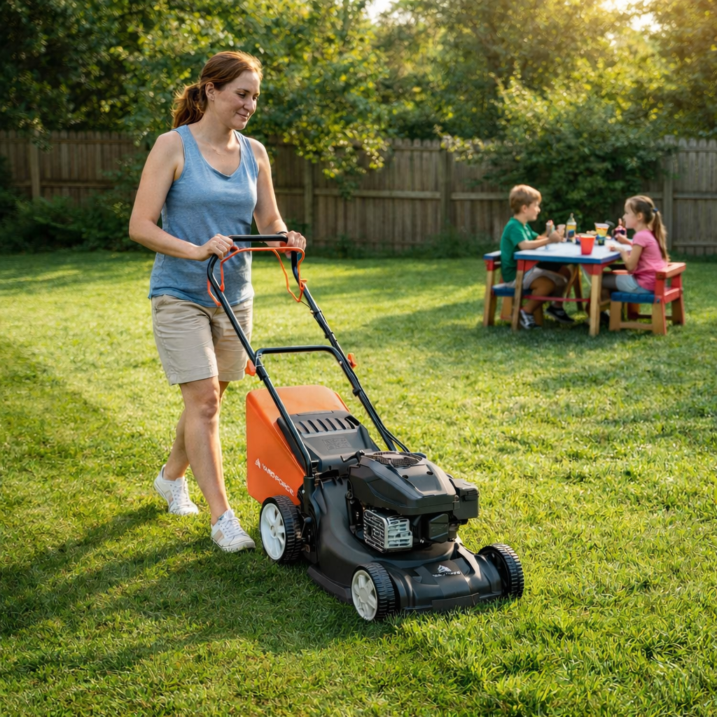 Woman mowing a lawn with children playing in the background